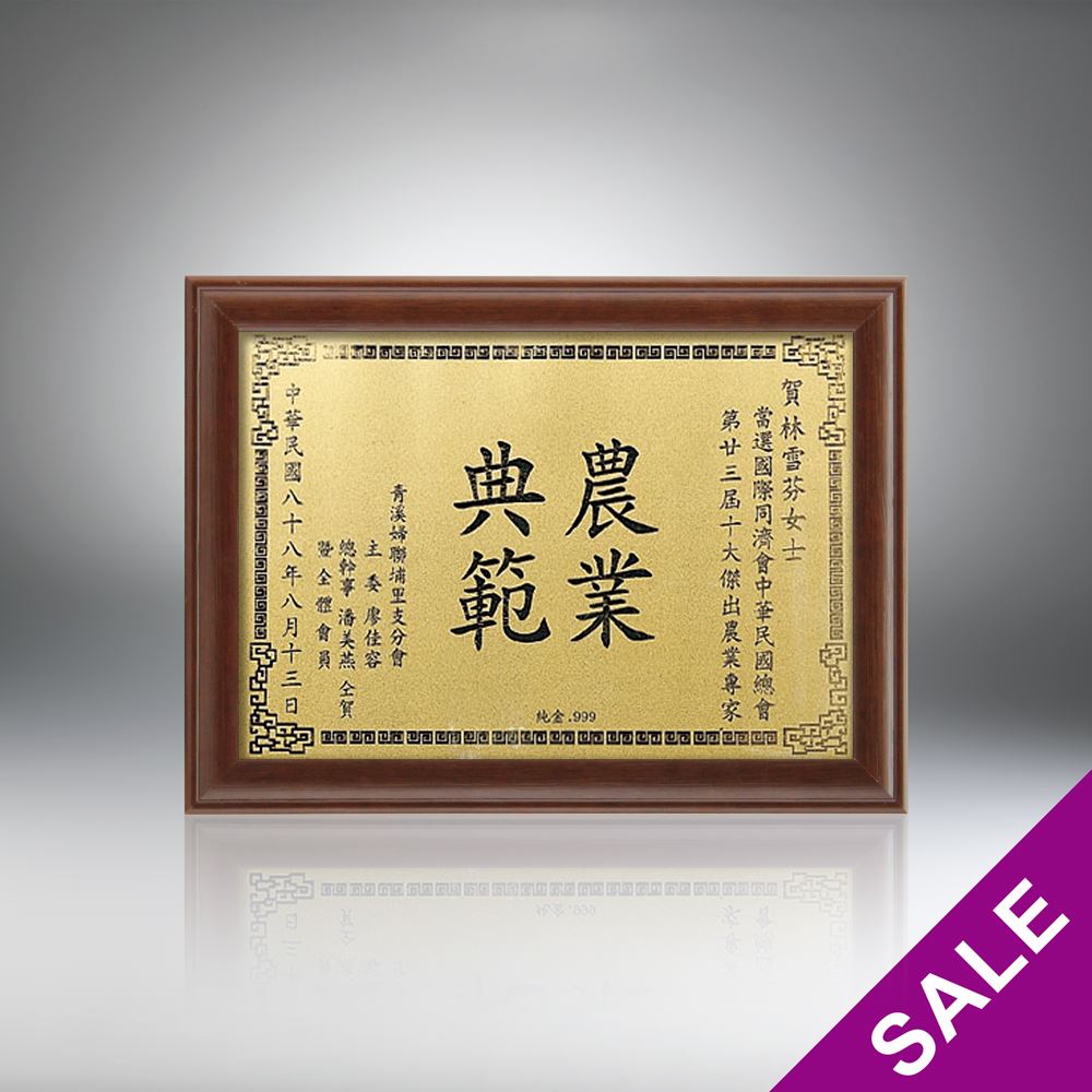 【木材獎牌】咖啡色木框(橫式附掛鈎) 203金箔獎牌